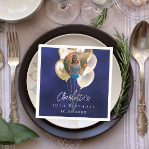 Birthday navy blue gold balloons photo napkins