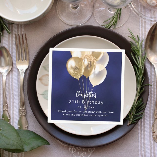 Birthday navy blue gold balloons thank you napkins (Creator Uploaded)