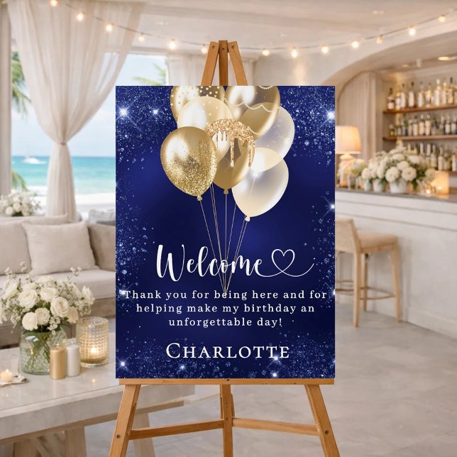 Birthday navy blue gold balloons welcome foam board (Creator Uploaded)