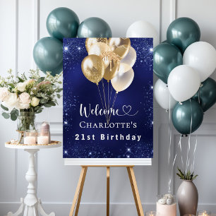 Birthday navy blue gold balloons welcome foam board