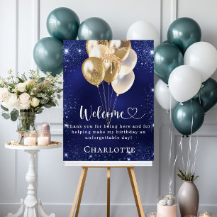 Birthday navy blue gold balloons welcome foam board