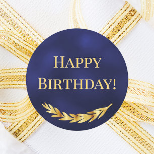 Birthday navy blue gold classic round sticker