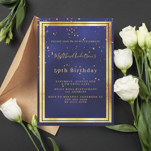 Birthday navy blue gold confetti invitation