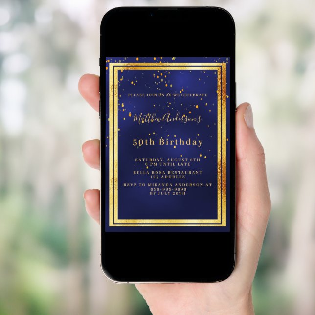 Birthday navy blue gold confetti luxury invitation (Front Digital)