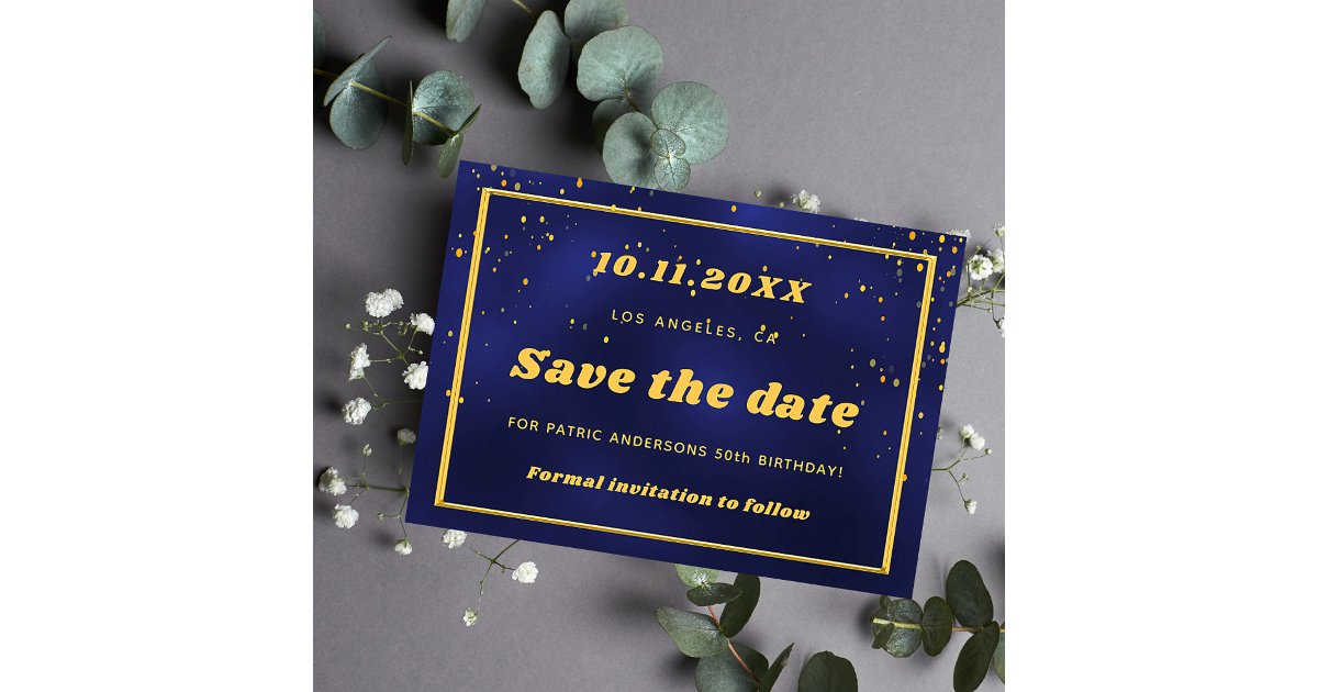 Birthday navy blue gold confetti save the date | Zazzle