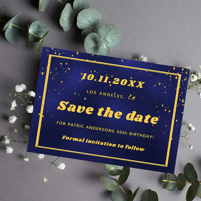Birthday navy blue gold confetti save the date | Zazzle