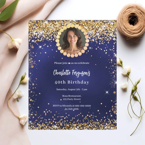Birthday navy blue gold diamond photo invitation