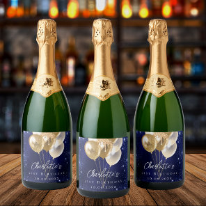 Birthday navy blue gold glitter balloons sparkling wine label