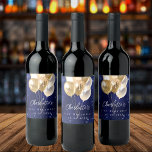 Birthday navy blue gold glitter balloons wine label<br><div class="desc">A navy blue background with elegant faux sparkles and golden balloons. The blue color is uneven.  Personalize and add a name and age.  White letters.</div>