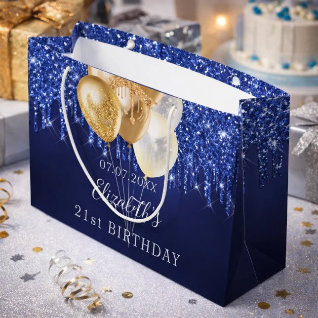 Birthday navy blue gold glitter drips balloons large gift bag (Creator Uploaded)