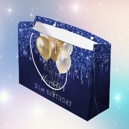 Birthday navy blue gold glitter drips balloons large gift bag