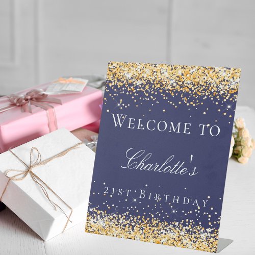 Birthday navy blue gold glitter welcome  pedestal sign