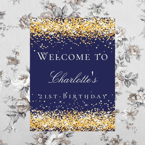 Birthday navy blue gold glitter welcome  poster