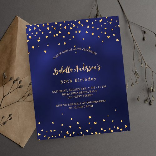 Birthday navy blue gold hearts budget invitation flyer