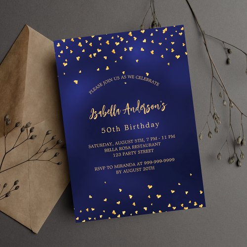 Birthday navy blue gold hearts elegant script invitation postcard