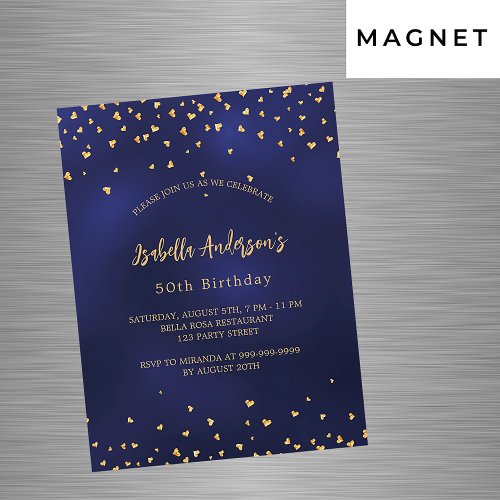Birthday navy blue gold hearts script luxury magnetic invitation