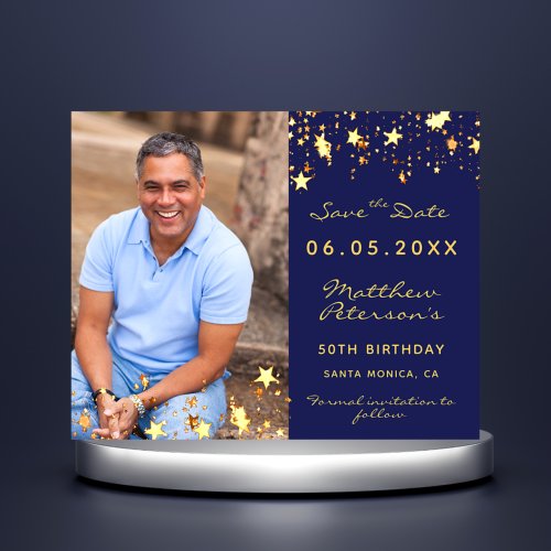 Birthday navy blue gold photo budget Save the Date Flyer