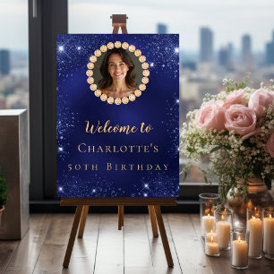 Birthday navy blue gold photo diamonds welcome foam board
