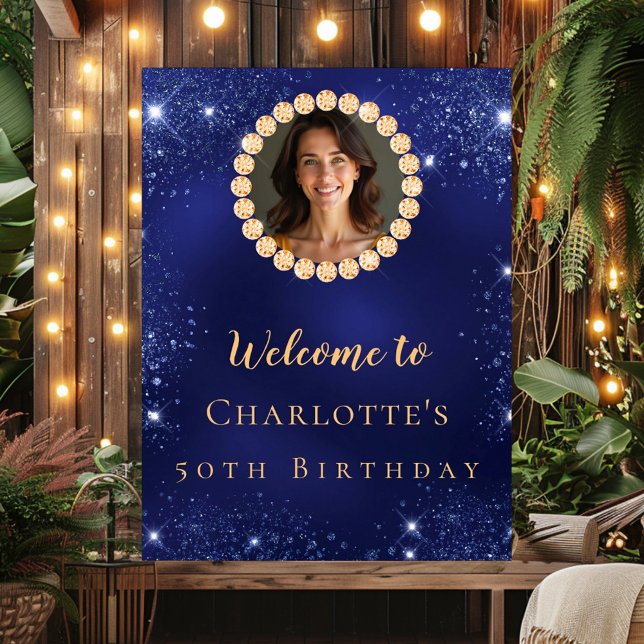 Birthday navy blue gold photo diamonds welcome poster (Creator Uploaded)