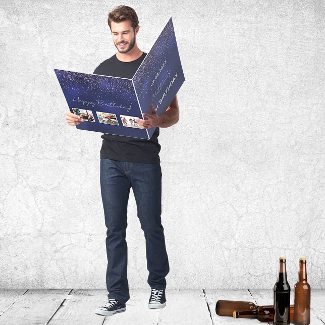 Birthday navy blue gold photo friends guy card (Creator Uploaded)