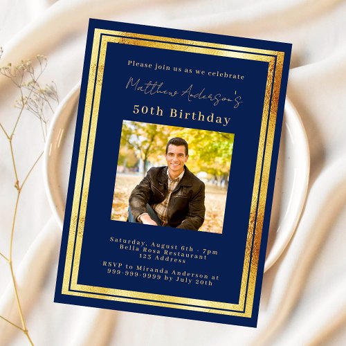 Birthday navy blue gold photo luxury invitation