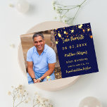 Birthday navy blue gold photo save the date<br><div class="desc">Add a vertical size photo. A navy blue background color,  decorated with faux gold stars. Personalize and add a name and the details.</div>