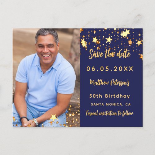 Birthday navy blue gold photo save the date announcement postcard