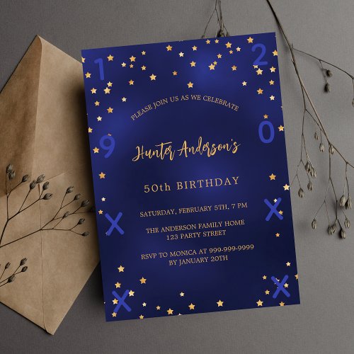 Birthday navy blue gold stars birth year invitation