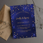 Birthday navy blue gold stars birth year invitation postcard<br><div class="desc">A glamorous birthday party invitation for both him and her. A navy blue background decorated with faux gold stars. The blue color is uneven. Personalize and add a name and party details.  Add year of birth and year of the celebration</div>