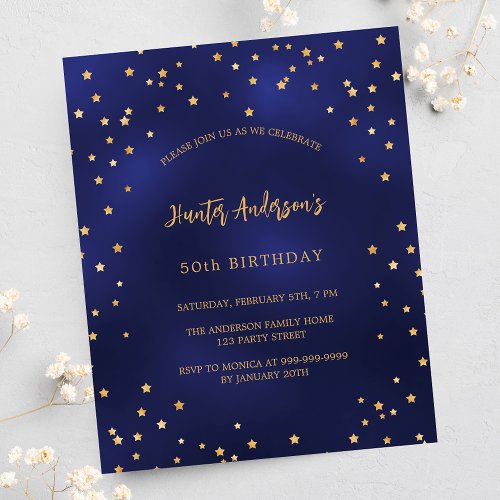 Birthday navy blue gold stars budget invitation
