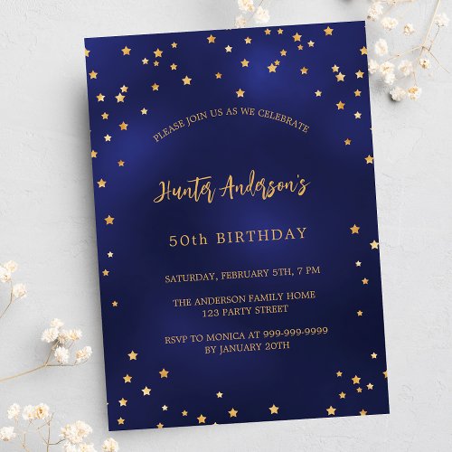 Birthday navy blue gold stars party invitation postcard