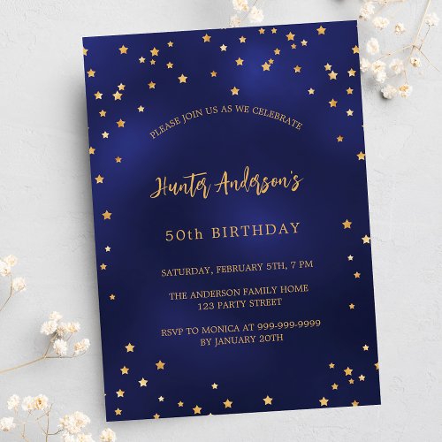 Birthday navy blue gold stars party luxury invitation