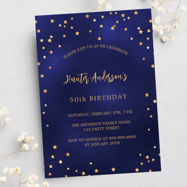 Birthday navy blue gold stars party luxury invitation (Creator Uploaded)