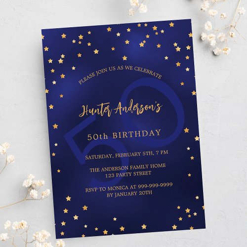 Birthday navy blue gold stars party number invitation postcard