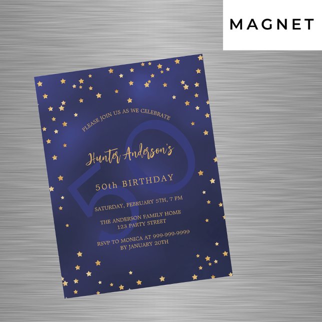 Birthday navy blue gold stars party number luxury magnetic invitation (Creator Uploaded)