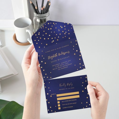 Birthday navy blue gold stars party RSVP All In One Invitation