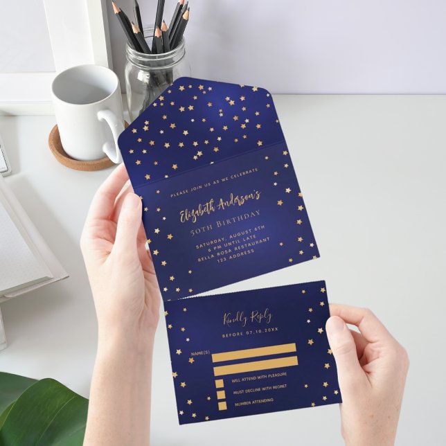 Birthday navy blue gold stars party RSVP All In One Invitation (Creator Uploaded)