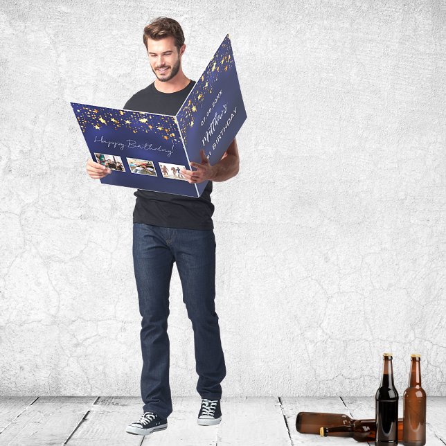 Birthday navy blue gold stars photo friends guy card (Creator Uploaded)