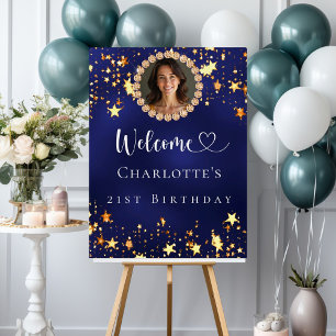 Birthday navy blue gold stars photo welcome foam board
