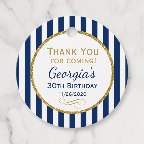 Birthday Navy Blue Gold Stripe Party Favor Tags