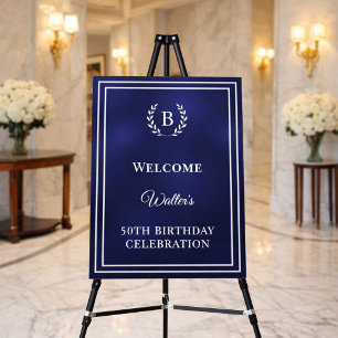 Birthday navy blue monogrammed elegant welcome foam board