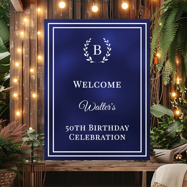 Birthday navy blue monogrammed elegant welcome poster (Creator Uploaded)