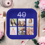 Birthday navy blue photo collage paper plates<br><div class="desc">For a 40th (or any age) birthday party,  celebrating her life with a collage of 6 of your own photos.  Personalize and add a name,  age 40 and a date.  Date of birth or the date of the party.  Navy blue background.</div>