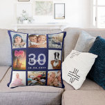 Birthday navy blue photo collage throw pillow<br><div class="desc">A unique gift for a womans 50th (or any age) birthday, celebrating her life with a collage of 8 of your own photos, pictures. Personalize and add her name, age 50 and a date. A chic navy blue background. The blue color is uneven. The name is written with a modern...</div>