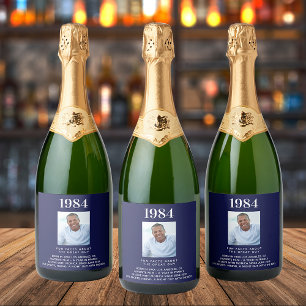 Birthday navy blue photo fun facts bio year birth sparkling wine label