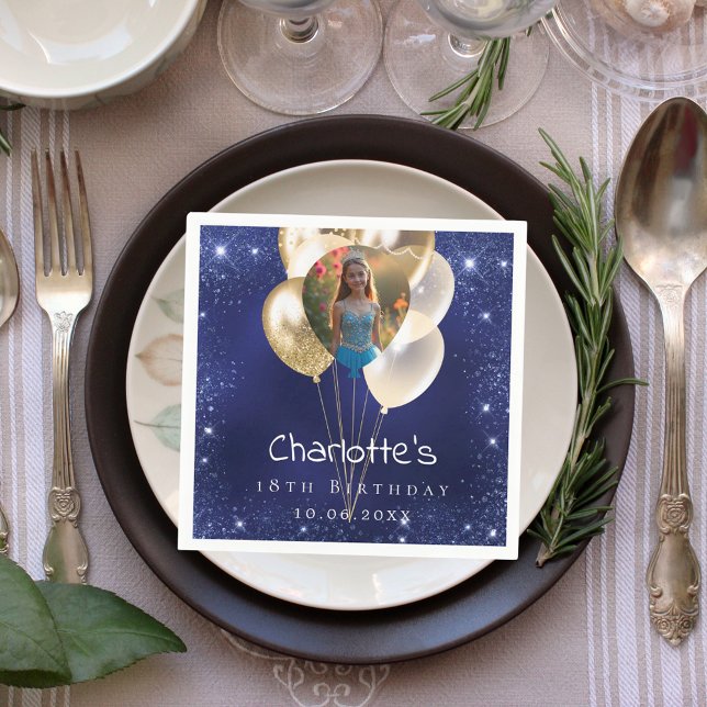 Birthday navy blue photo glitter gold balloons napkins (Creator Uploaded)