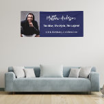 Birthday navy blue photo man myth legend banner<br><div class="desc">A banner for a 40th (or any age) birthday party for guys. A classic navy blue background. Personalize and add your own photo of the birthday boy/man. The text: The name in white with a modern hand lettered style script. Personalize and add a name, age 40 and a text. Text:...</div>