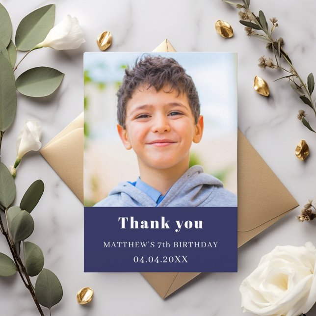 Birthday navy blue photo simple boy thank you card (Creator Uploaded)