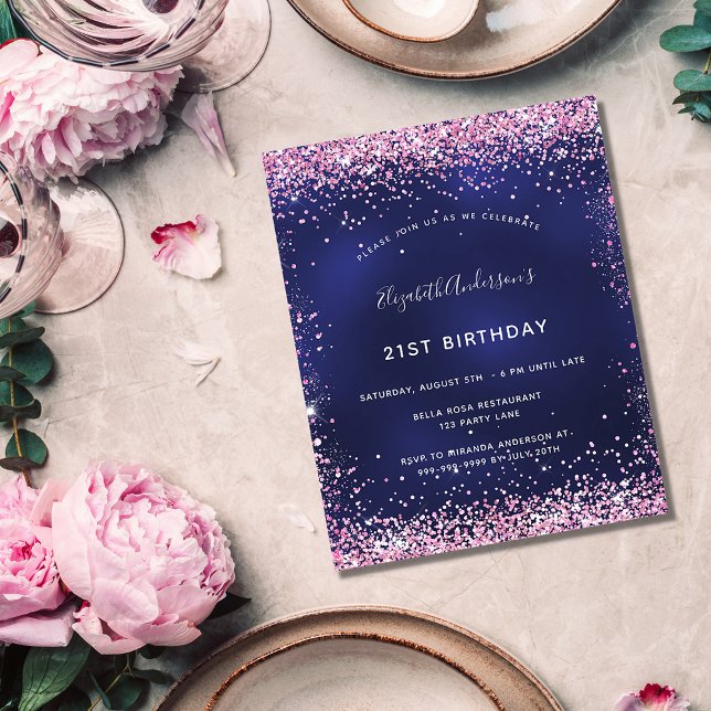 Birthday navy blue pink invitation (Creator Uploaded)