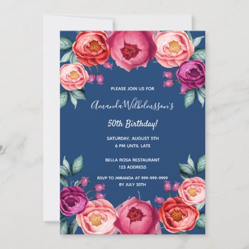 Birthday navy blue rose gold blush pink floral invitation